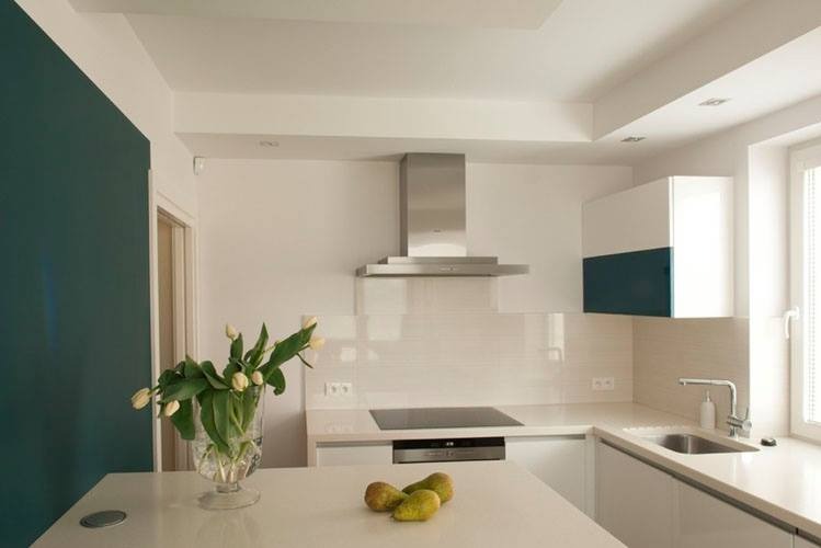 Nowoczesna kuchnia z białymi szafkami, blatem z kwarcytu i akcentem w postaci ściany w kolorze butelkowej zieleni. Na blacie wazon z tulipanami i gruszki.