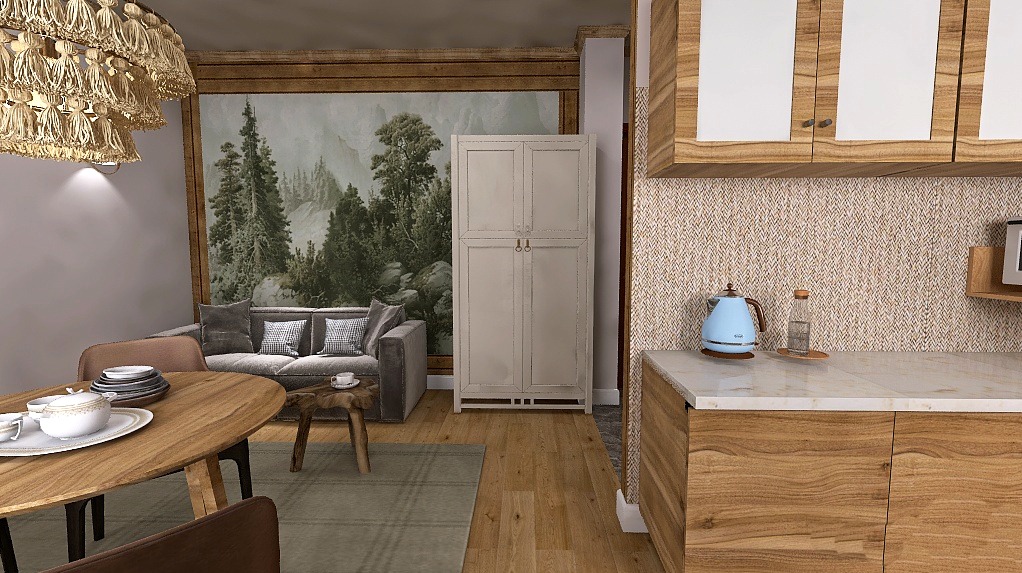 Stylowa aranżacja wnętrza: drewniany stół z zastawą, szara sofa na tle pejzażu w ramie i zabudowa kuchenna z drewnianymi frontami. Zakopane.