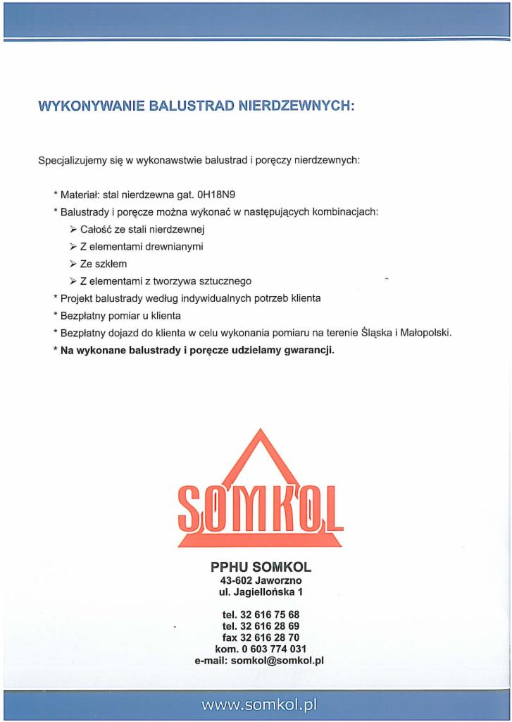 Skan dokumentu firmowego z ofertą na wykonanie balustrad nierdzewnych, zawierający specyfikację materiałów, kombinacje wykonania, informacje o projekcie, bezpłatnym pomiarze i dojeździe,...