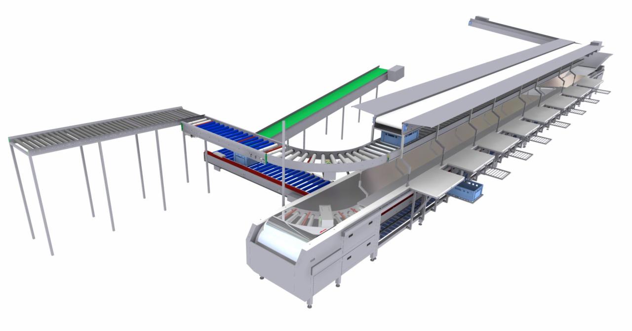 Wizualizacja komputerowa linii rozbiorowej z różnymi typami przenośników: rolkowym, taśmowym (zielony), z tworzywa (niebieski) oraz stanowiskami roboczymi z kratownicami i niebieskimi pojemnikami.