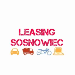 Grafika z napisem 'LEASING Sosnowiec' w czerwonej, postarzanej czcionce, poniżej ikony: żółty samochód osobowy, czerwona wywrotka, niebieski motocykl i żółty laptop.