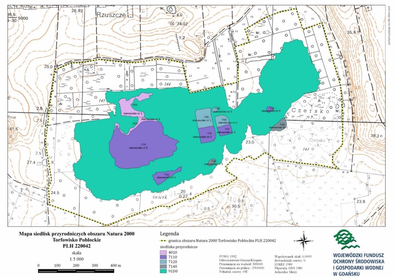 Mapa siedlisk przyrodniczych Natura 2000 Torfowisko Pobłockie PLH 220042, skala 1:5000. Legenda: granica obszaru, siedliska przyrodnicze.