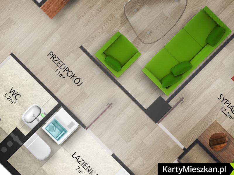 Rzut mieszkania z góry, przedstawiający salon z zieloną sofą, łazienkę z wanną i WC, sypialnię oraz przedpokój; widoczne wymiary pomieszczeń i logo 'KartyMieszkan.pl' w rogu.