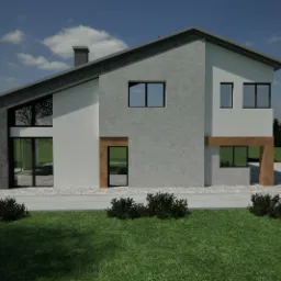 Wizualizacja nowoczesnego domu jednorodzinnego z dwuspadowym dachem, elewacją w odcieniach szarości i bieli, dużymi oknami oraz starannie zagospodarowanym terenem zielonym z krzewami i trawnikiem.