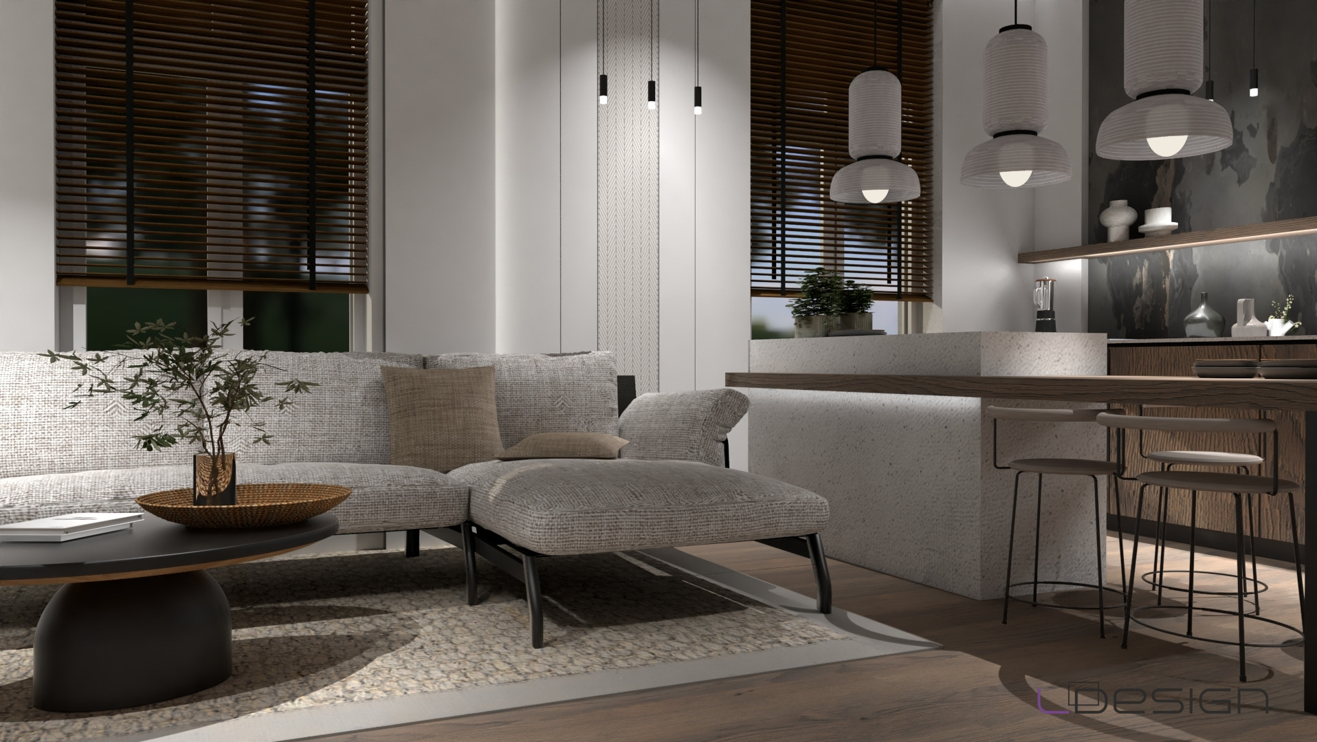 Projekt salonu z aneksem kuchennym w stylu japandi