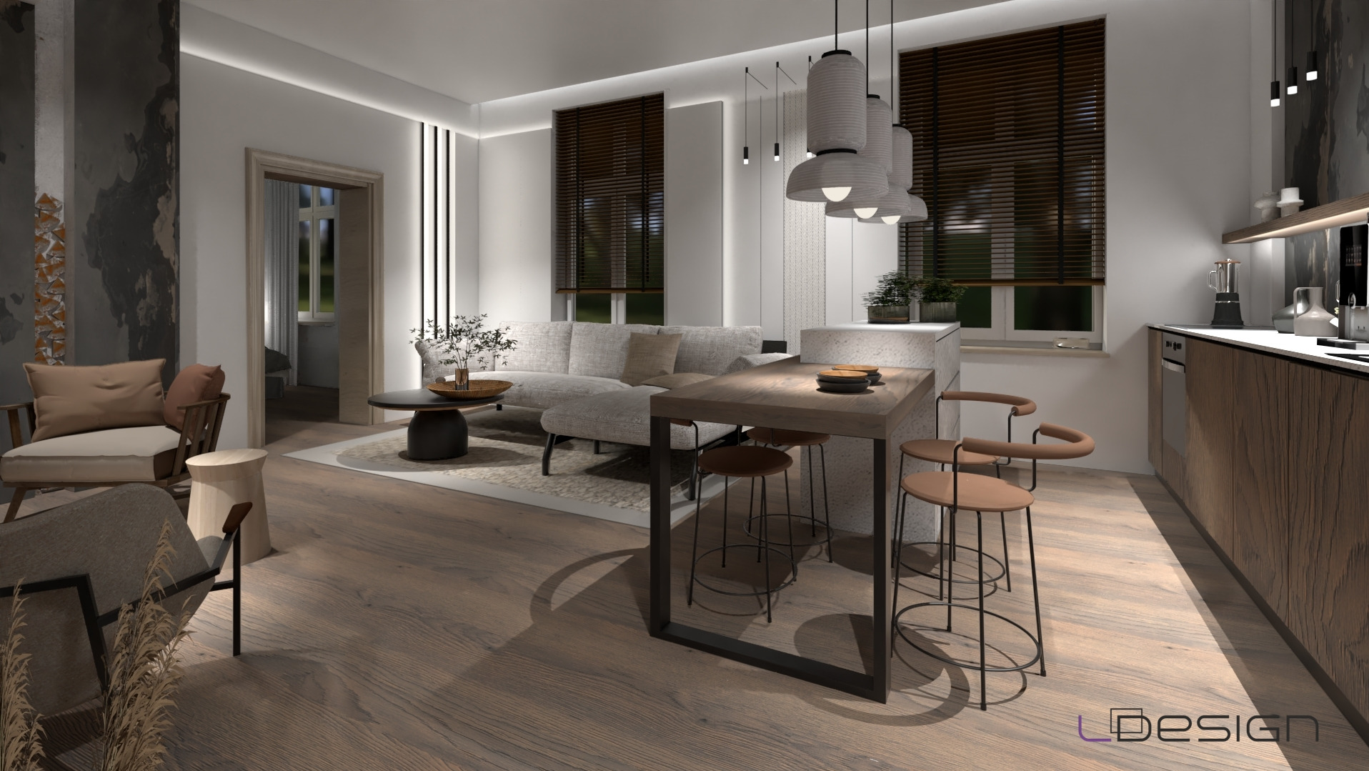 Wizualizacja wnętrza otwartego salonu z aneksem kuchennym, drewniana podłoga, szary narożnik, stół barowy z hokerami, okna z żaluzjami, wiszące lampy w stylu japońskim, ściana z dekoracyjnym...
