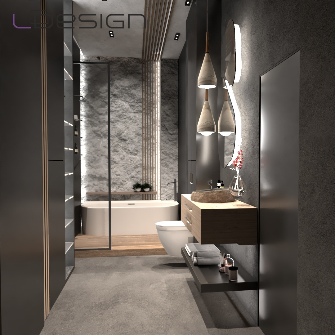 Projekt łazienki z kamienną ścianą w Gliwicach