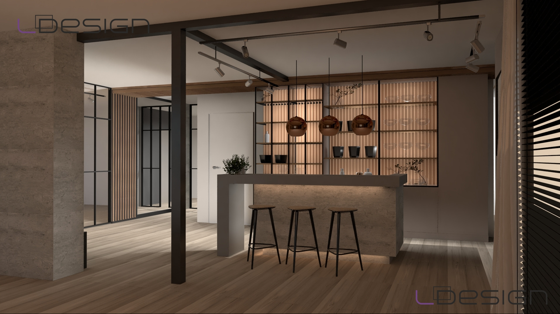 Wizualizacja baru w mieszkaniu z trzema hokerami, podświetlonym blatem i półkami z dekoracjami w tle, uzupełniona o drewniane żaluzje i podłogę.
