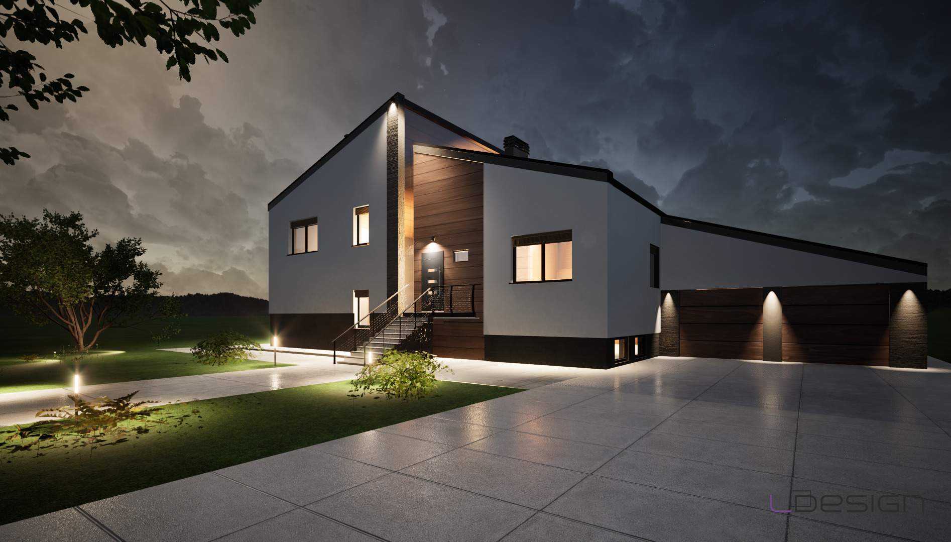 Wizualizacja nowoczesnego domu jednorodzinnego z płaskim dachem, drewnianą elewacją i podświetlonymi drzwiami wejściowymi, oświetlony ogród z kostki brukowej w nocnej scenerii.
