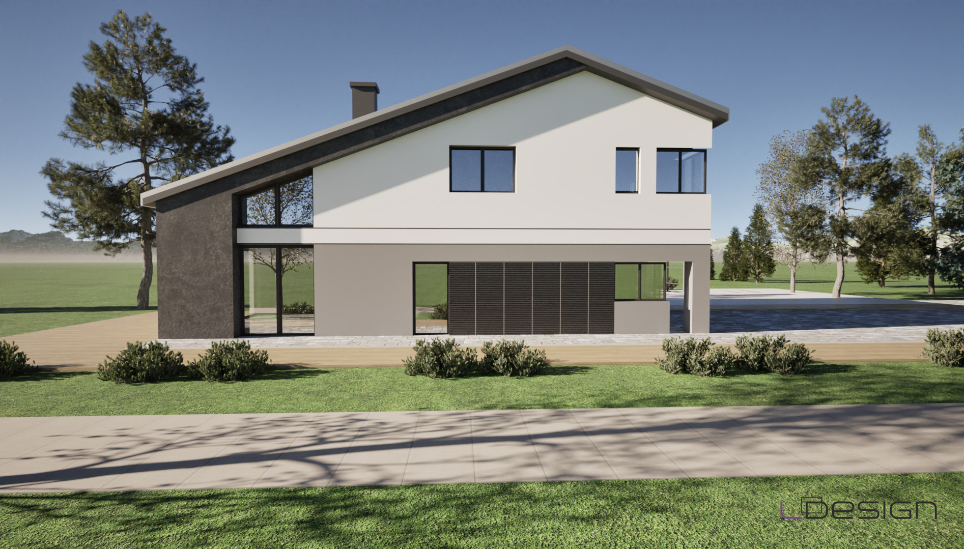 Wizualizacja dwukondygnacyjnego domu jednorodzinnego z płaskim dachem i dużymi oknami, otoczonego zielenią i drzewami, prezentowana w słoneczny dzień.