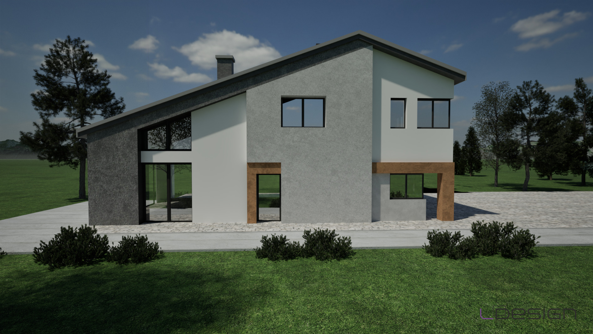Wizualizacja nowoczesnego domu jednorodzinnego z dwuspadowym dachem, elewacją w odcieniach szarości i bieli, dużymi oknami oraz starannie zagospodarowanym terenem zielonym z krzewami i trawnikiem.