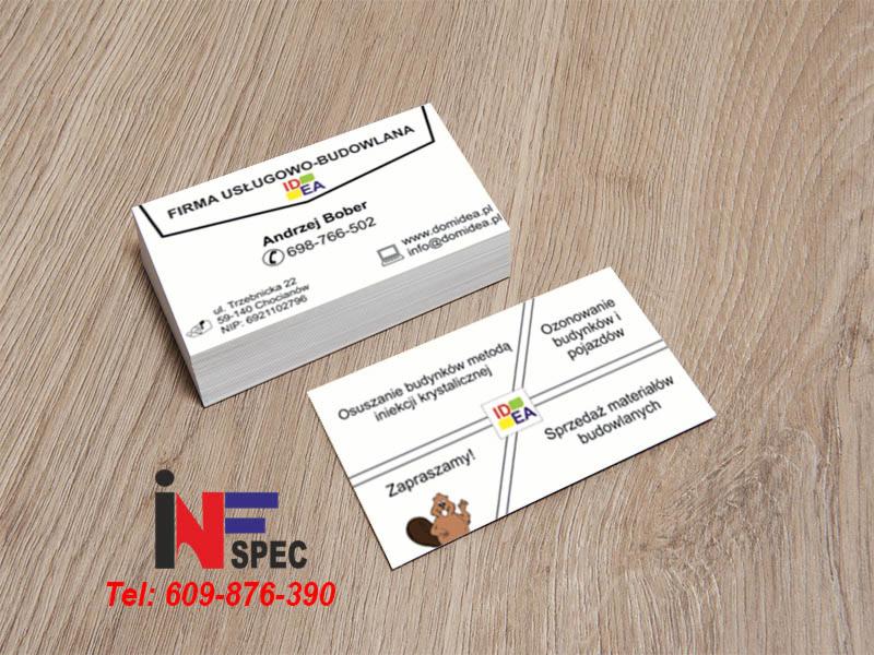 Wizytówki firmy usługowo-budowlanej z danymi kontaktowymi: numer telefonu, adres e-mail, strona internetowa. Oferta obejmuje osuszanie budynków i ozonowanie.