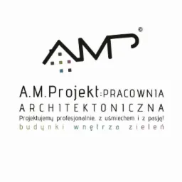 Logo pracowni architektonicznej A.M.Projekt, z hasłem 'Projektujemy profesjonalnie, z uśmiechem i z pasją!' i zakresem usług: budynki, wnętrza, zieleń.