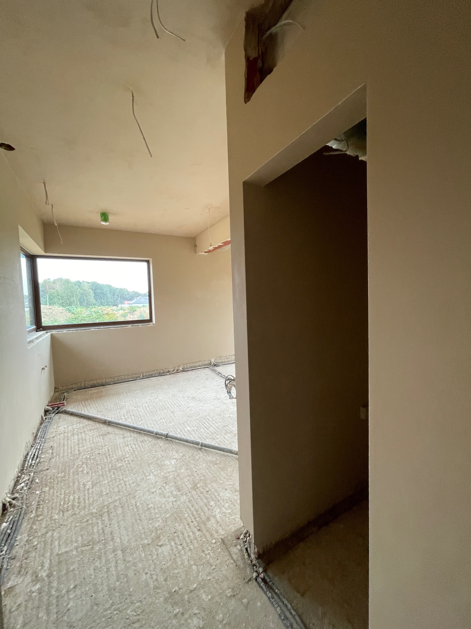 Pokój po nałożeniu świeżych, jasnych tynków; widoczne wystające kable elektryczne, rury przy podłodze oraz widok z okna na zieleń.