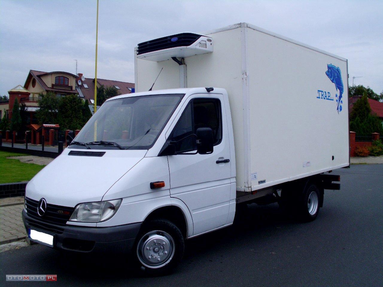 Biały samochód dostawczy z chłodnią i niebieskim logo ryby oraz napisem 'TRAP' na boku, zaparkowany na ulicy, w tle domy.