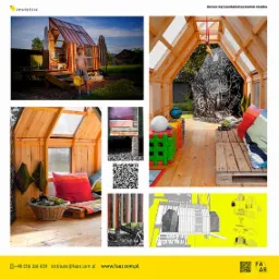 Kolaż zdjęć przedstawiający drewniany domek dla dzieci z elementami edukacyjnymi, takimi jak tablica do rysowania kredą, umieszczony w ogrodzie.