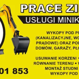 Grafika reklamowa z żółtym tłem przedstawiająca minikoparkę i listę usług, w tym wykopy pod przyłącza, fundamenty, usuwanie korzeni, równanie terenu, montaż studni i wykopy pod baseny, oraz numer...