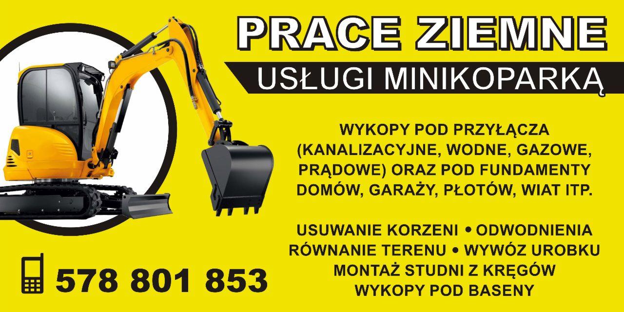 Grafika reklamowa z żółtym tłem przedstawiająca minikoparkę i listę usług, w tym wykopy pod przyłącza, fundamenty, usuwanie korzeni, równanie terenu, montaż studni i wykopy pod baseny, oraz numer...