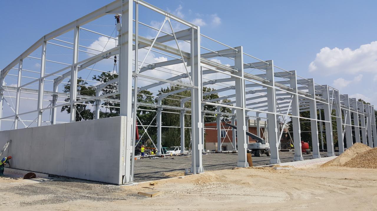 Wznoszenie szkieletu stalowego hali przemysłowej z częściowo wylaną betonową ścianą, widoczne drzewa w tle i pracownicy w odblaskowych kamizelkach.