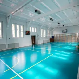 Wnętrze sali gimnastycznej z niebieską podłogą i białymi ścianami, widoczne kosze do koszykówki, siatka do siatkówki, okna i oświetlenie sufitowe.