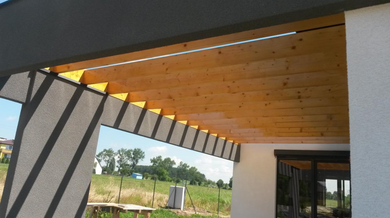 Drewniany sufit z widoczną konstrukcją szkieletową budynku, szara elewacja z fakturą baranka, widok na zielone pola i zabudowania w tle przez otwór w konstrukcji.