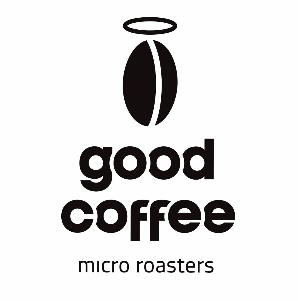 Logo firmy Good Coffee micro roasters z symbolem ziarna kawy z aureolą.