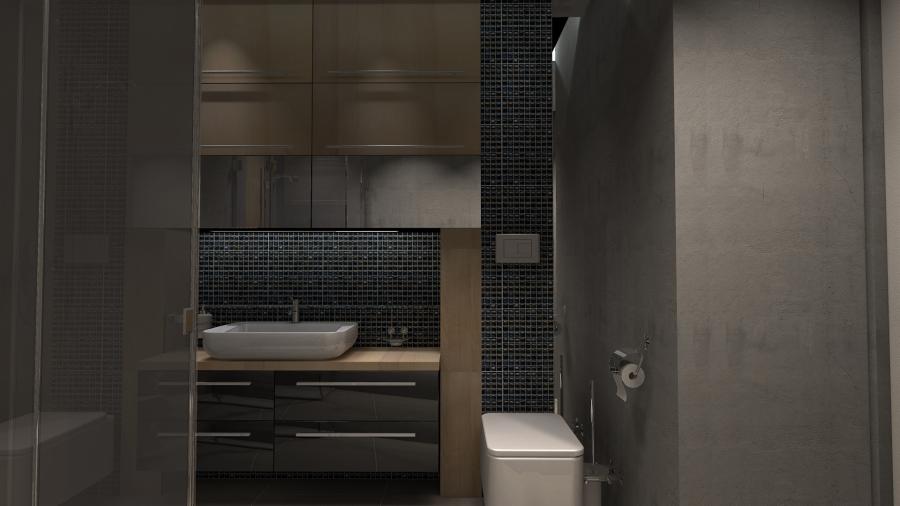 Wizualizacja łazienki z umywalką nablatową, szafkami w kolorze grafitowym, mozaiką na ścianie i toaletą w stylu minimalistycznym.