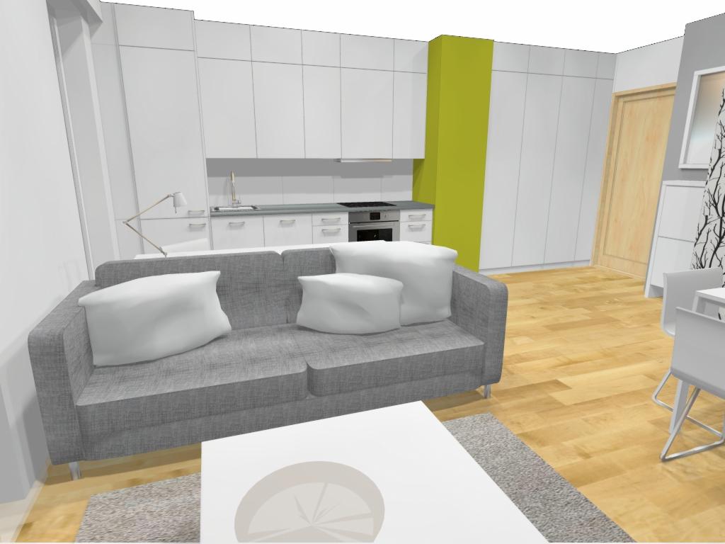 Wizualizacja wnętrza kawalerki: szara sofa z białymi poduszkami, biały stolik kawowy, aneks kuchenny z białymi szafkami i zielonym akcentem, drewniana podłoga.