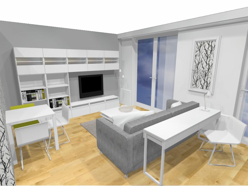 Wizualizacja wnętrza kawalerki: szara sofa, białe meble, stół z zielonymi krzesłami, telewizor na ścianie z półkami, okno balkonowe z widokiem na niebo.