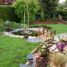 Ogród z małym oczkiem wodnym z drewnianym mostkiem, otoczony kamieniami i roślinnością, świeżo skoszony trawnik i rabaty kwiatowe.