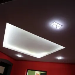 Podwieszany sufit z oświetleniem LED w kształcie prostokąta, w pomieszczeniu z czerwonymi ścianami. Widoczne reflektory punktowe i fragmenty drzwi.