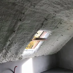 Poddasze ocieplone białą pianką PUR, widoczne kołki mocujące i okno dachowe z widokiem na drzewa jesienią.