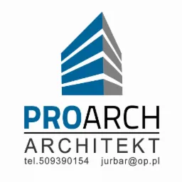 Logo firmy architektonicznej ProArch z graficznym symbolem budynku w kolorach niebieskim i szarym, poniżej nazwa firmy i dane kontaktowe.
