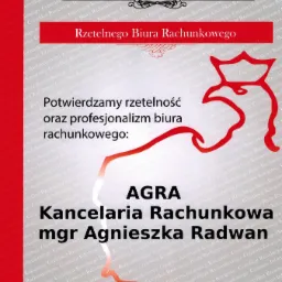 Certyfikat rzetelności biura rachunkowego AGRA Kancelaria Rachunkowa mgr Agnieszka Radwan, potwierdzający profesjonalizm, z numerem licencji MF.