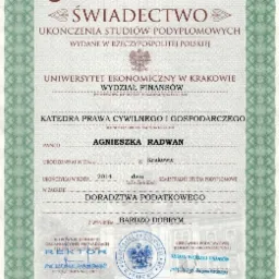 Skan dyplomu ukończenia studiów podyplomowych w zakresie doradztwa podatkowego, wydanego przez Uniwersytet Ekonomiczny w Krakowie, z oceną bardzo dobrą.