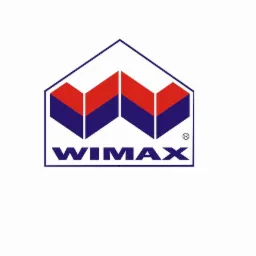 Logo firmy WIMAX z geometrycznym symbolem dachu w kolorach czerwonym i granatowym, umieszczone na białym tle.