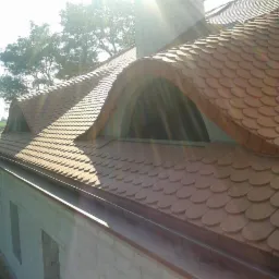 Dach pokryty łuską ceramiczną z oknami połaciowymi w kształcie łuków, na tle zieleni i błękitnego nieba z promieniami słońca. Rynna w kolorze dachu.