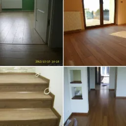 Kolaż zdjęć przedstawiających różne etapy wykończenia wnętrz z drewnianą podłogą: widok progu z przejściem do innego pomieszczenia, fragment salonu z dużymi oknami i grzejnikiem, drewniane schody...