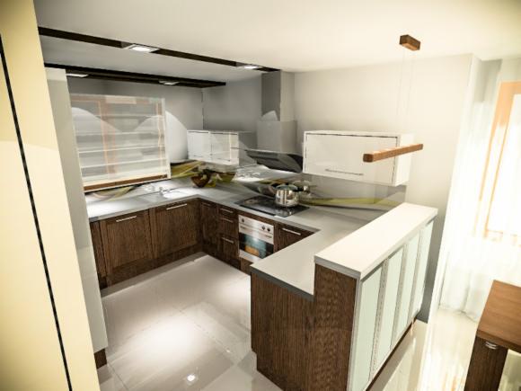 Wizualizacja nowoczesnej kuchni w Gliwicach z drewnianymi szafkami, białymi blatami i wyspą kuchenną z przeszklonymi frontami. Nad płytą grzewczą widoczny okap, a nad blatem wisząca szafka...