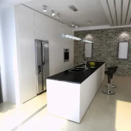 Nowoczesna kuchnia z białymi szafkami bez uchwytów, czarnym blatem, stalową lodówką i ścianą z cegły, oświetlona lampami wiszącymi nad wyspą kuchenną i światłem dziennym wpadającym przez okno.