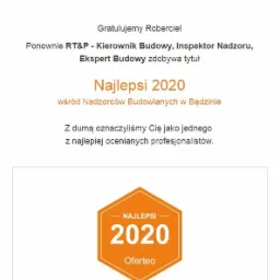 Certyfikat Oferteo Najlepsi 2020 dla firmy RT&P za nadzór budowlany w Będzinie.