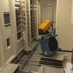 Wnętrze pomieszczenia technicznego z podniesioną podłogą, szafami sterowniczymi i przemysłowym wentylatorem osuszającym oraz żółtym osuszaczem kondensacyjnym na kółkach.