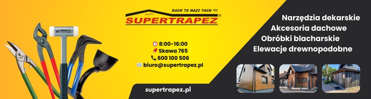 Baner reklamowy firmy dekarskiej Supertrapez z narzędziami dekarskimi, danymi kontaktowymi i przykładami elewacji drewnopodobnych.