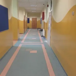 Długi korytarz biurowy z pomalowanymi ścianami w odcieniach żółci i beżu, zielono-szara podłoga z różowymi akcentami, widoczne drzwi i elementy wyposażenia, oświetlenie sufitowe.