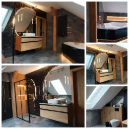 Nowoczesna łazienka na poddaszu z drewnianymi elementami: umywalka nablatowa, okrągłe lustro z podświetleniem LED, kabina prysznicowa typu walk-in i wolnostojąca wanna.