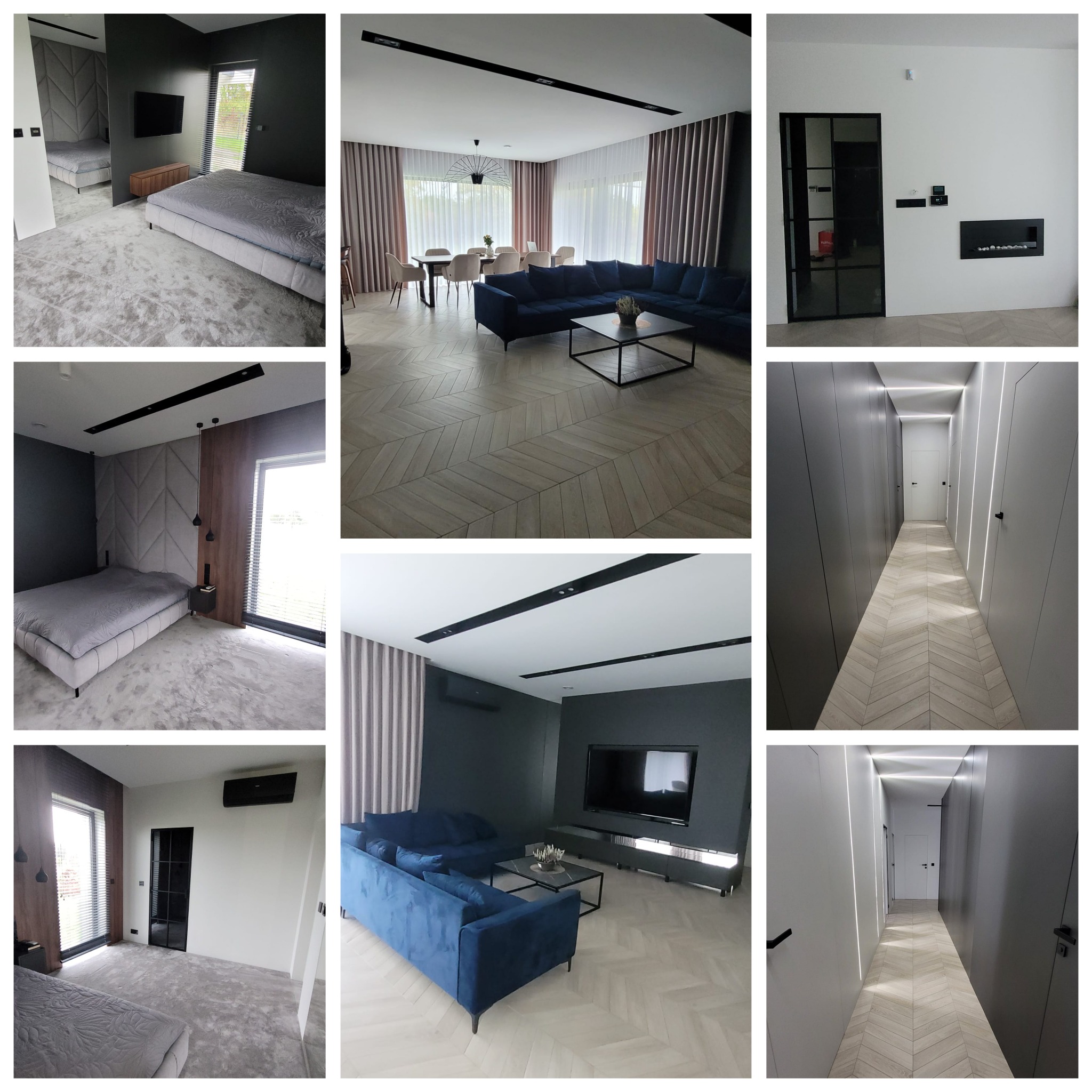 Kompozycja wnętrz w Kluczach: sypialnia z tapicerowanym panelem za łóżkiem, salon z granatową sofą i jadalnią, oraz korytarz z ukrytymi drzwiami, prezentujące nowoczesny design.