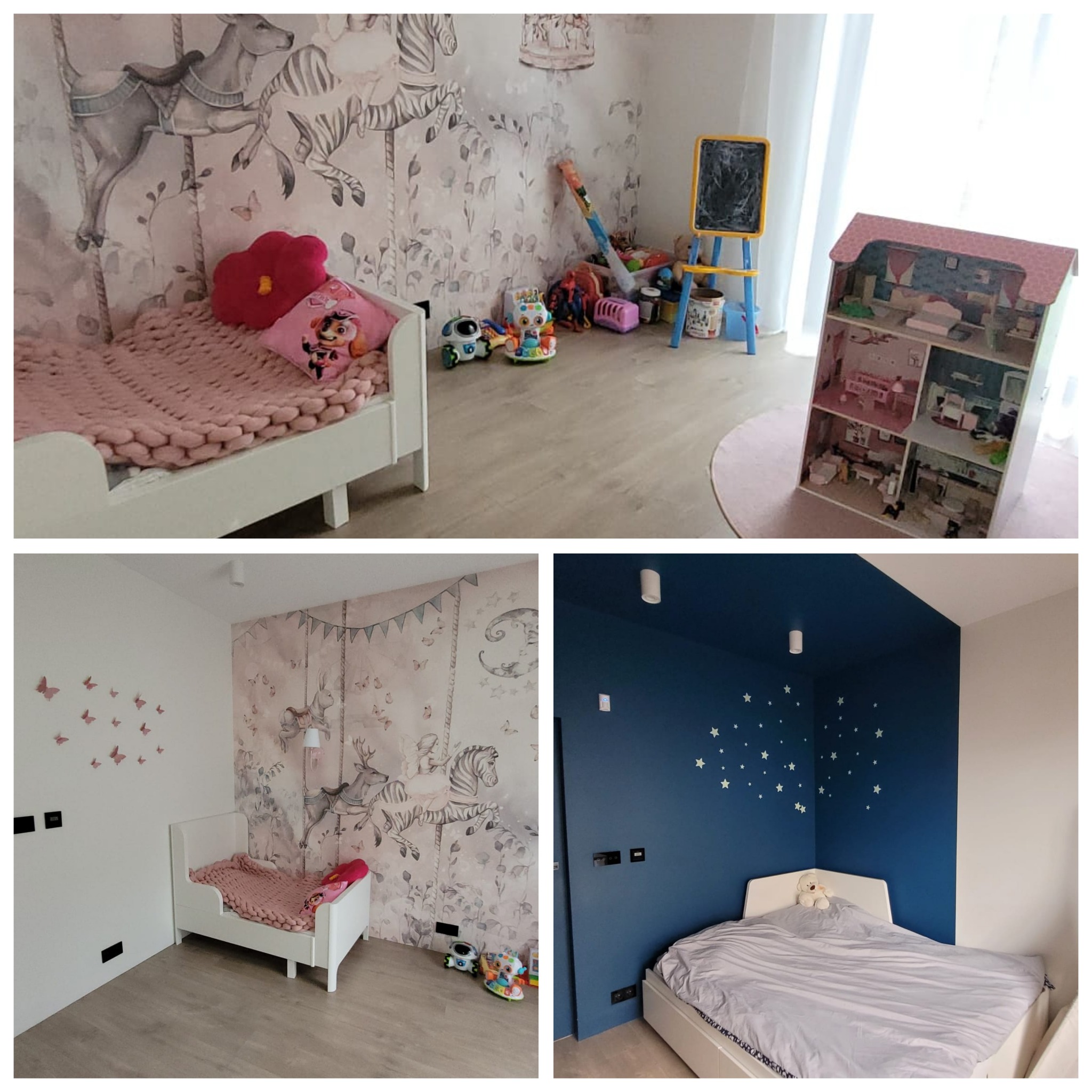 Dwa ujęcia pokoju dziecięcego: pierwsze z łóżeczkiem z motywem karuzeli i zwierząt na tapecie, plus zabawki; drugie z łóżkiem na tle granatowej ściany z gwiazdkami.