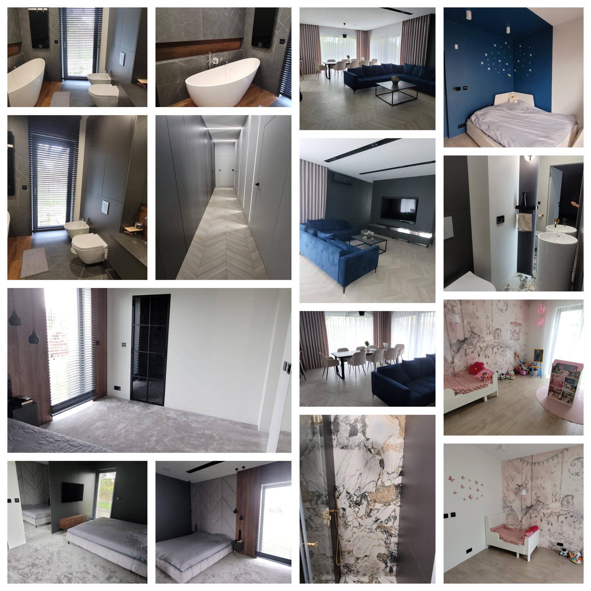 Kolaż zdjęć przedstawiających różne pomieszczenia w domu: łazienki z wannami i toaletami w szarości, salon z granatową sofą i jadalnią, sypialnie z tapetami i dekoracjami.