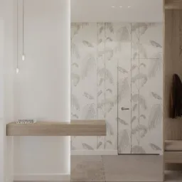 Nowoczesny przedpokój z minimalistyczną konsolą, tapetą w palmy i ukrytymi drzwiami, oświetlenie LED.