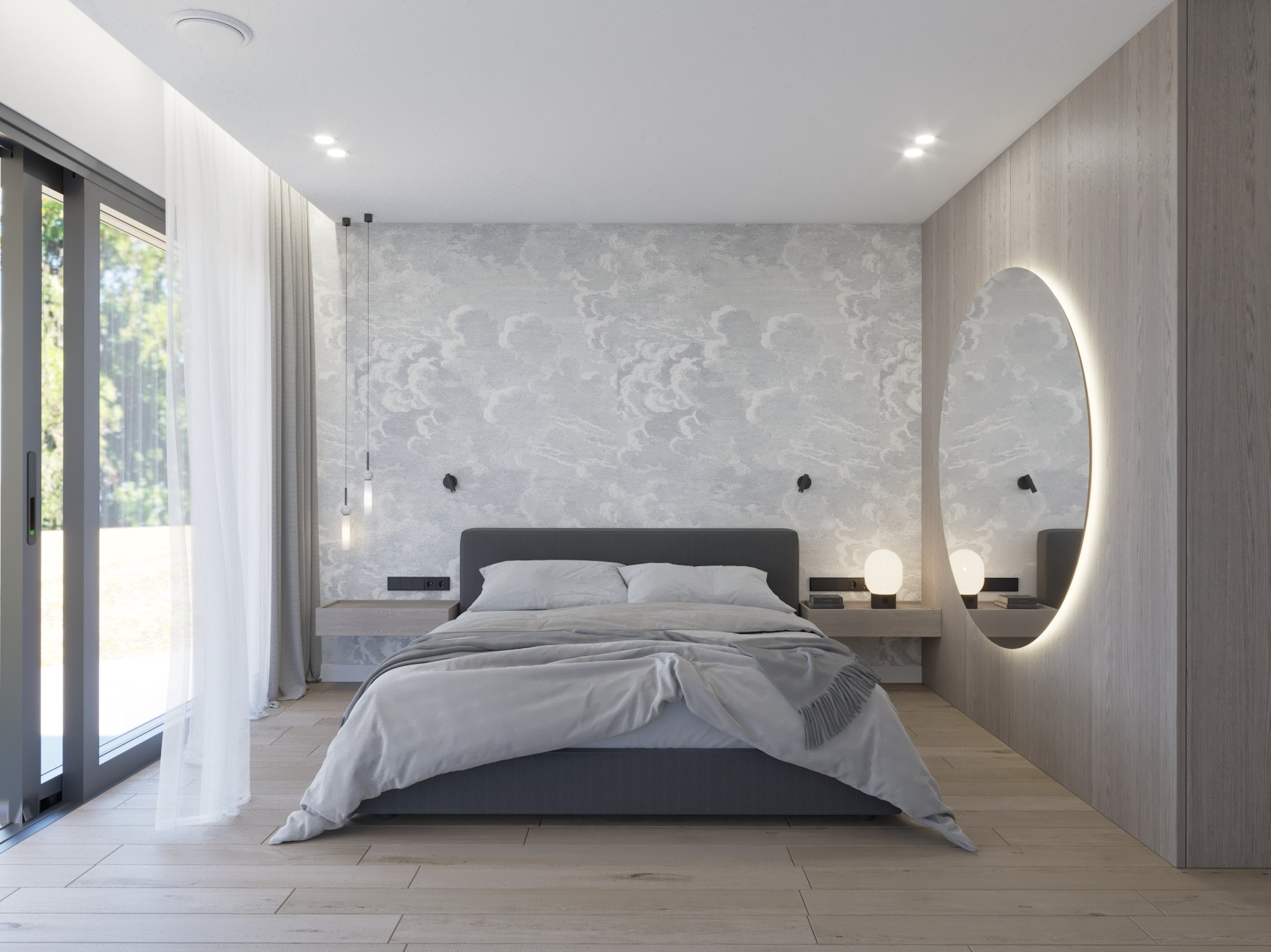 Nowoczesna sypialnia z łóżkiem w odcieniach szarości, drewnianą podłogą i ścianą z tapetą w motywie chmur, oświetlona owalnym lustrem z podświetleniem LED.